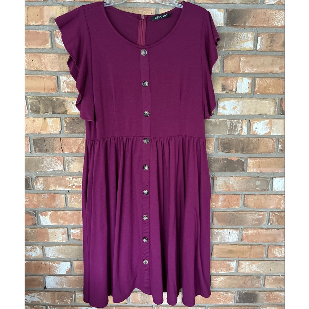 Bedoar Plus Size 16 Purple A-Line Dress Ruffle Sleeve Pockets Button Front